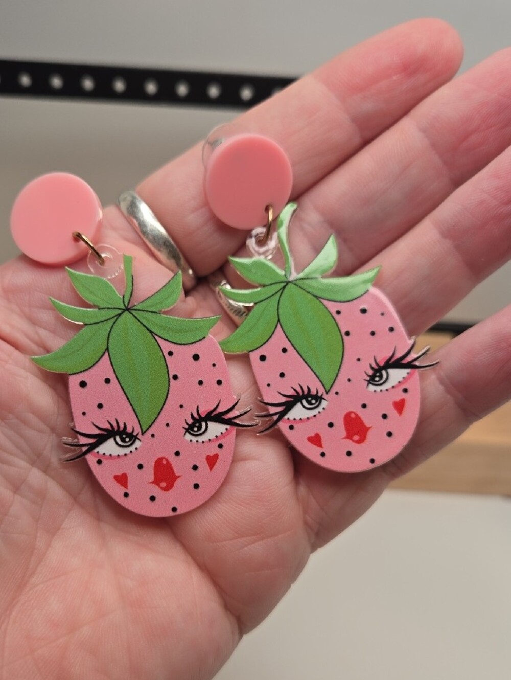 Cute Pink Strawberry Face Drop Earrings - Picture 4 of 5